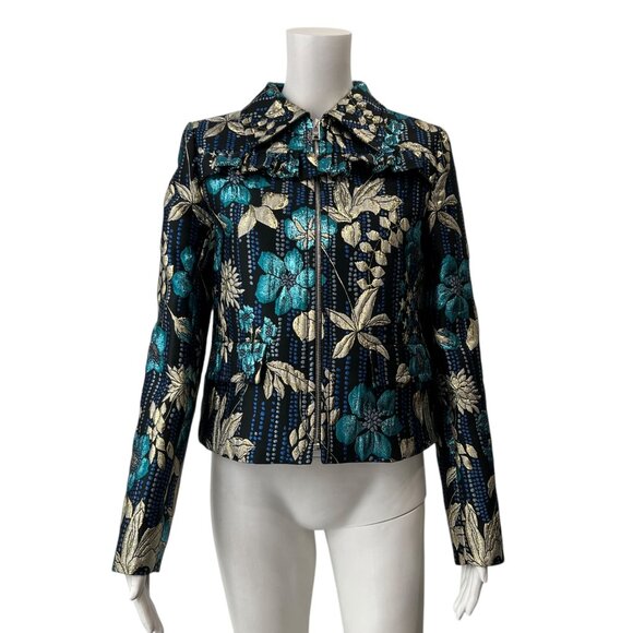 $2250 PRADA 2018 Black Embroidered Silk Floral Brocade Zip Ruffle Jacket IT 38/2 - Picture 4 of 14